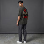 WOFF unisex oversized charcoal cotton t-shirt with No Rules Club graphic print on back, worn by a male model.