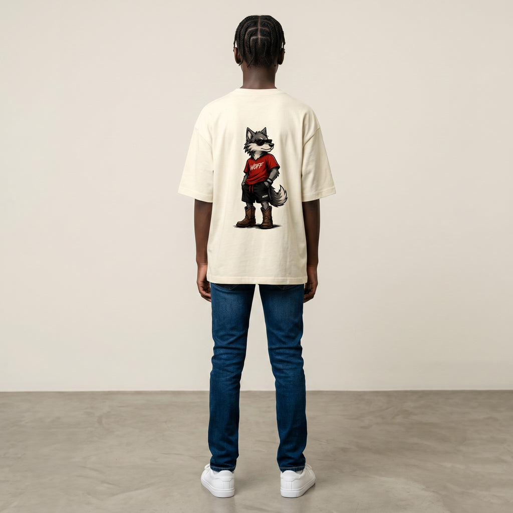 WOFF unisex oversized cream terry cotton t-shirt with a wolf graphic on the back, worn by a model from behind.