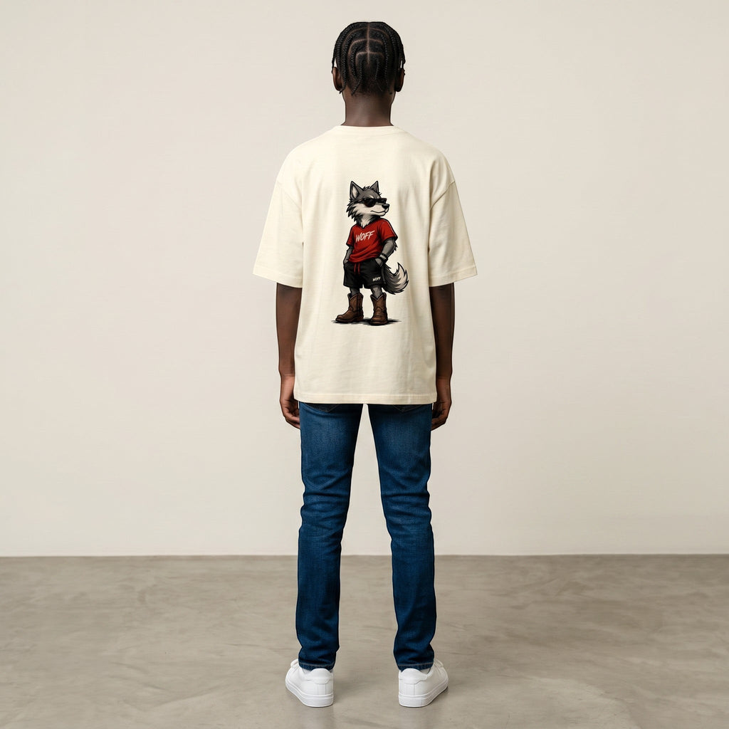 WOFF unisex oversized cream terry cotton t-shirt with a wolf graphic on the back, worn by a model from behind.