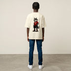 WOFF unisex oversized cream terry cotton t-shirt with a wolf graphic on the back, worn by a model from behind.