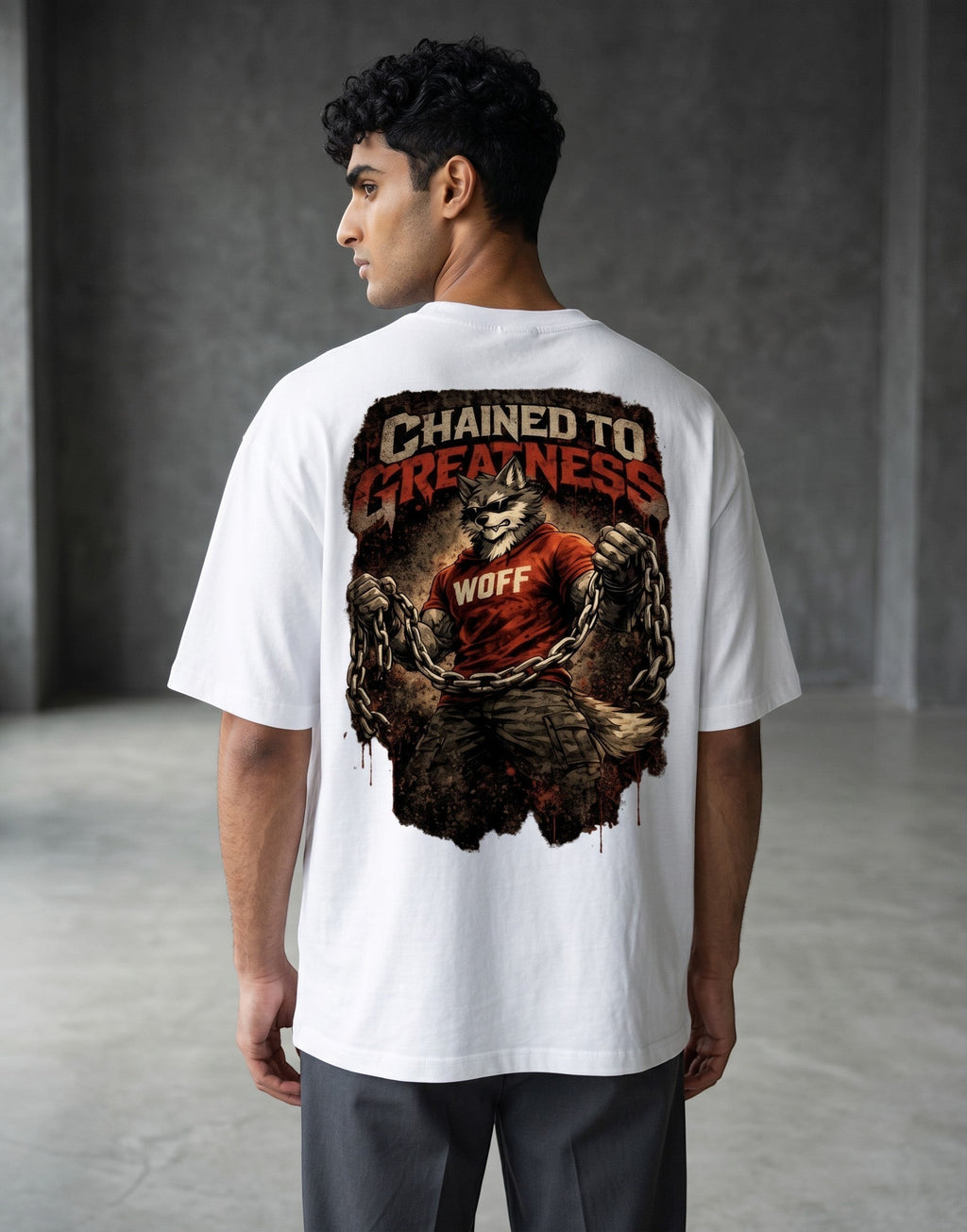 WOFF unisex oversized white cotton t-shirt featuring a Chained to Greatness wolf graphic on the back