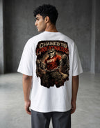 WOFF unisex oversized white cotton t-shirt featuring a Chained to Greatness wolf graphic on the back