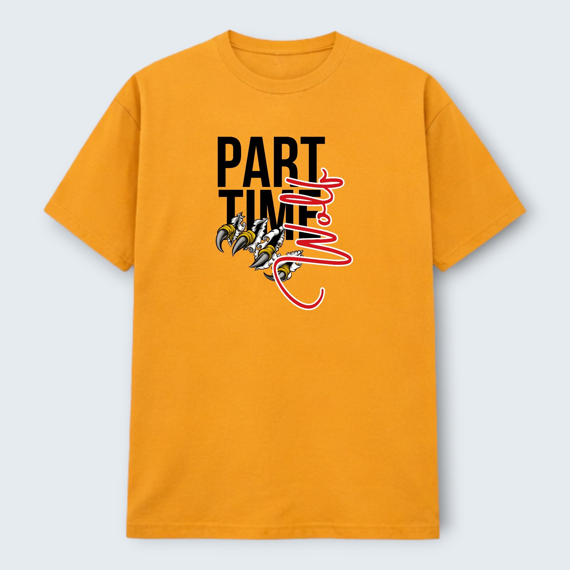 WOFF Part Time Wolf Crew T-Shirt in gold, 100% cotton with a graphic print of claws and red lettering.