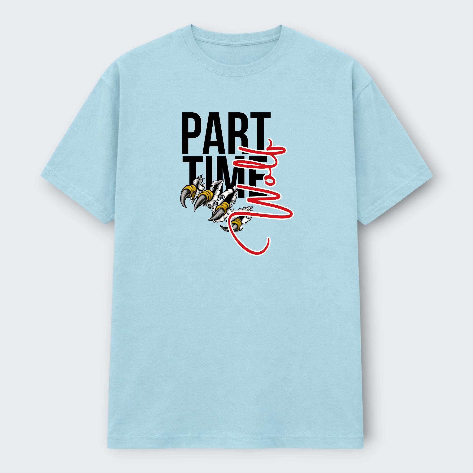 WOFF light blue 100% cotton crew neck t-shirt with "Part Time Wolf" graphic featuring claw marks.
