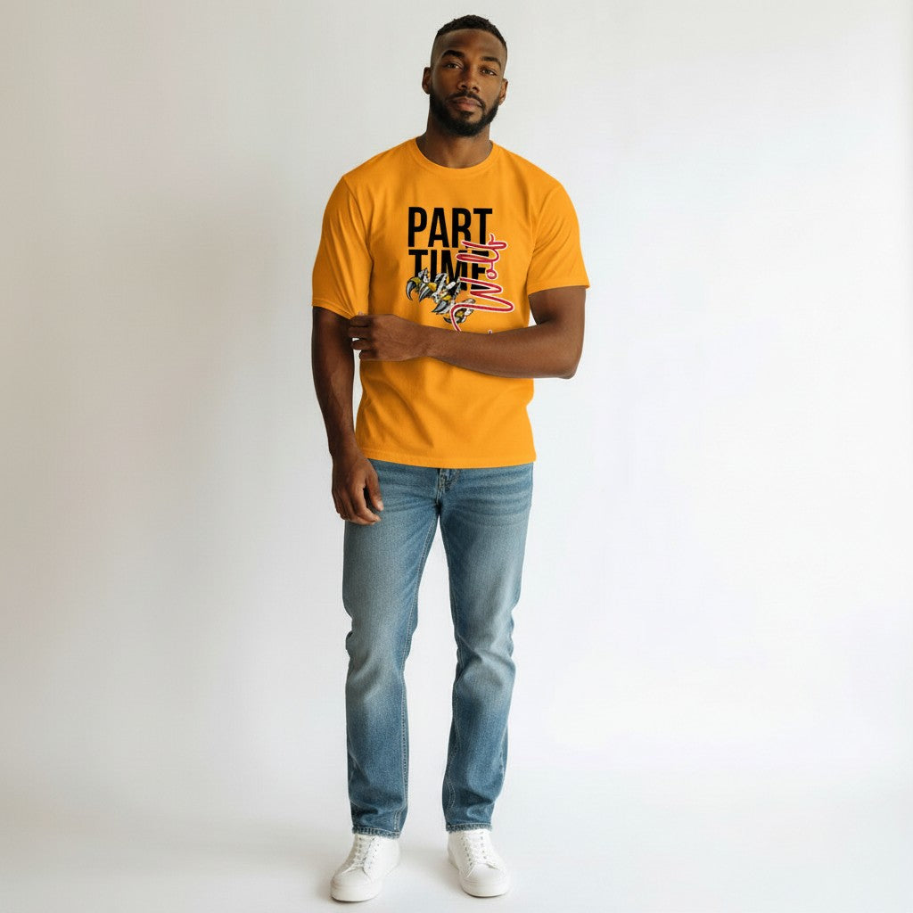 WOFF Part Time Wolf crew neck t-shirt in orange 100% cotton with graphic print and claw detail.