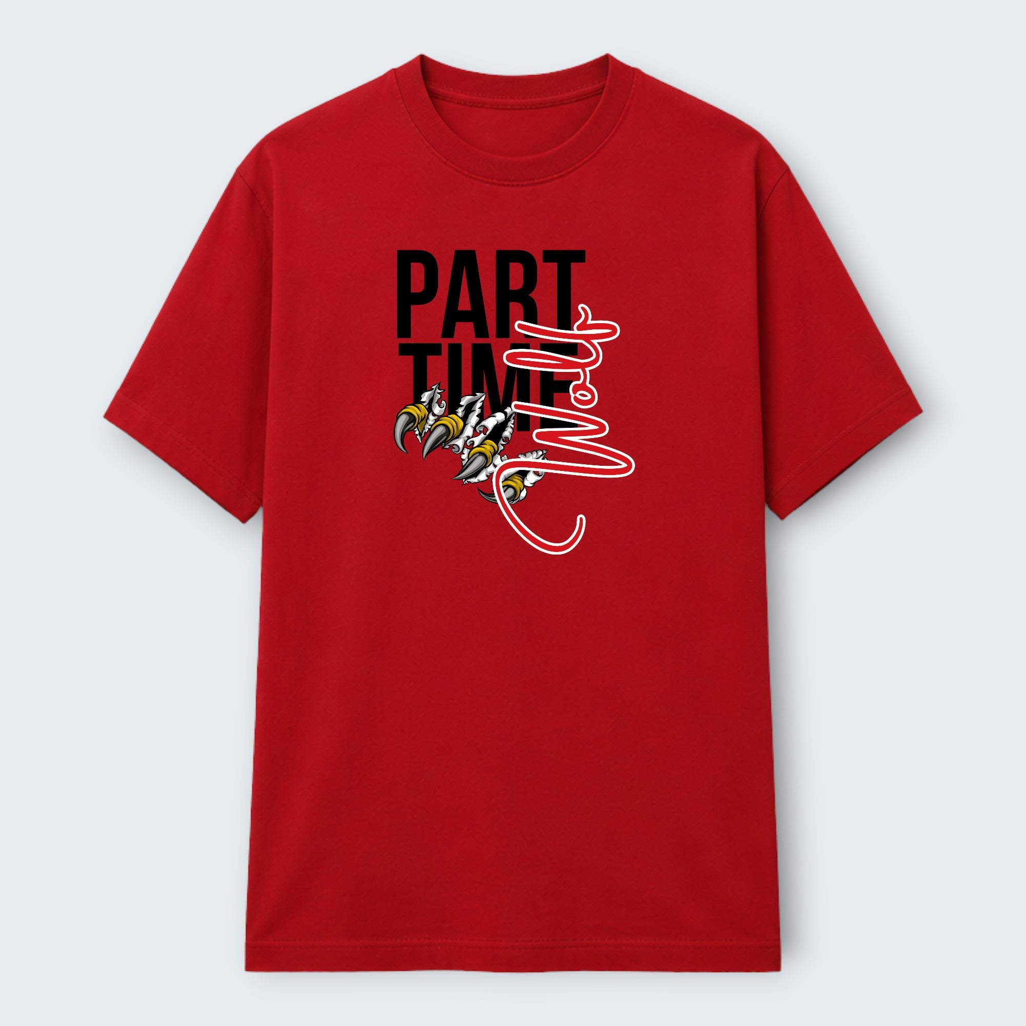 WOFF red 100% cotton crew neck t-shirt with 'Part Time Wolf' graphic and claw design.