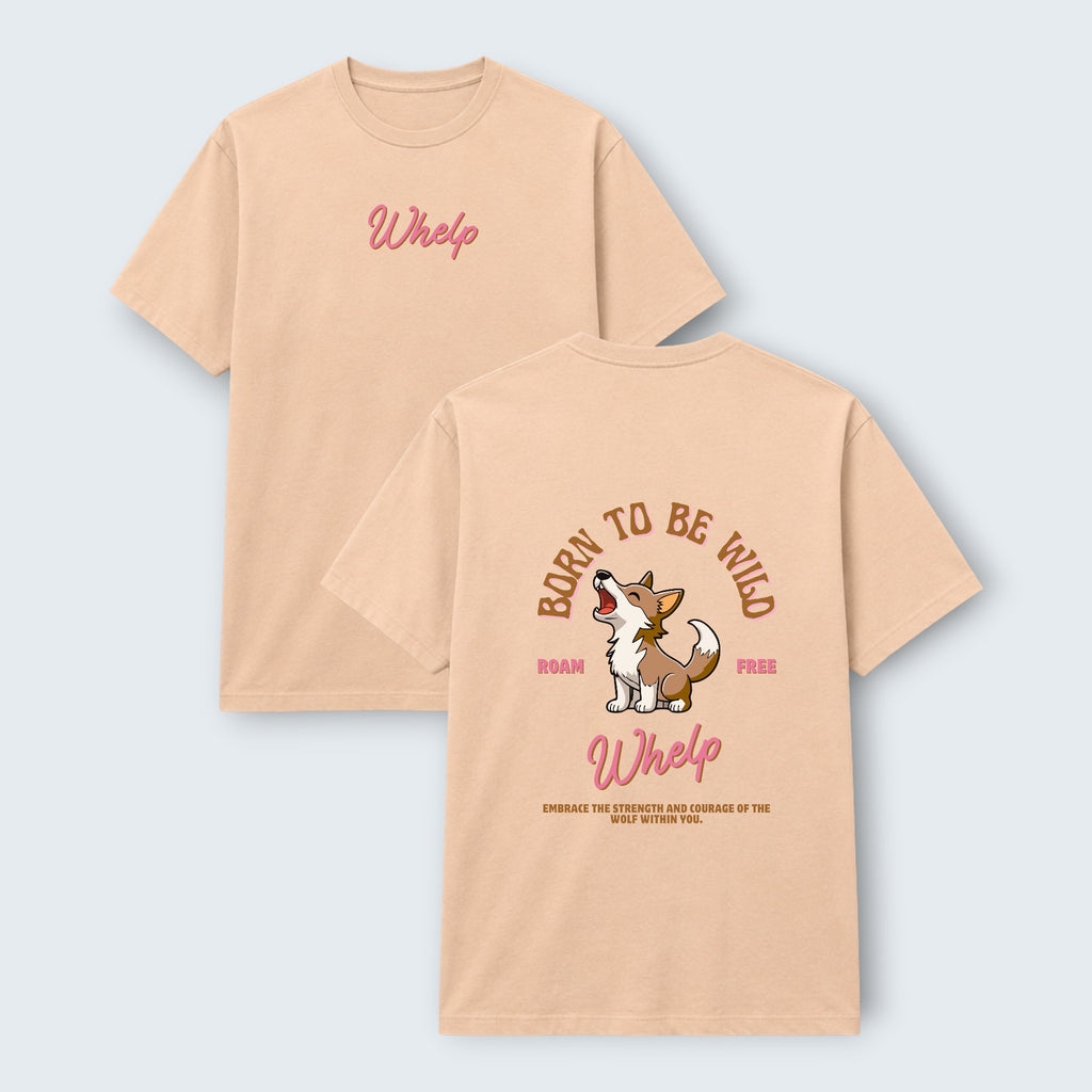 WOFF peach 100% cotton unisex crew neck t-shirt with 'Whelp' logo on front and 'Born to be Wild' graphic with wolf on back.