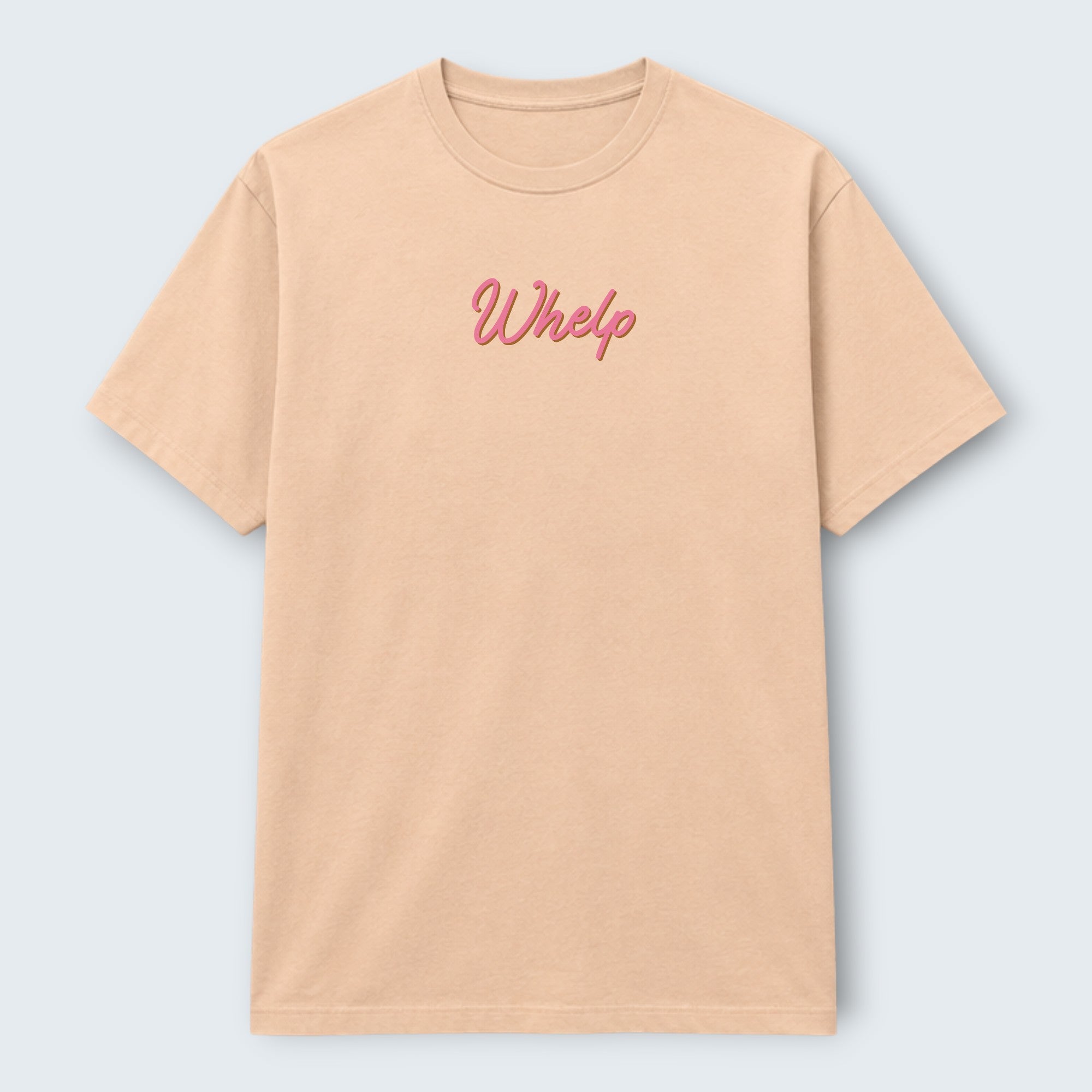 WOFF peach crew neck t-shirt with pink embroidered "Whelp" logo on chest. 100% cotton, regular unisex fit.
