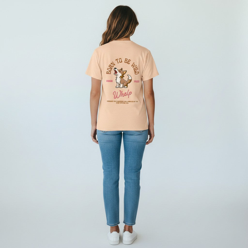 WOFF peach 100% cotton crew neck t-shirt with a graphic of a wolf pup howling, text reads "Born to be Wild" and "Whelp".