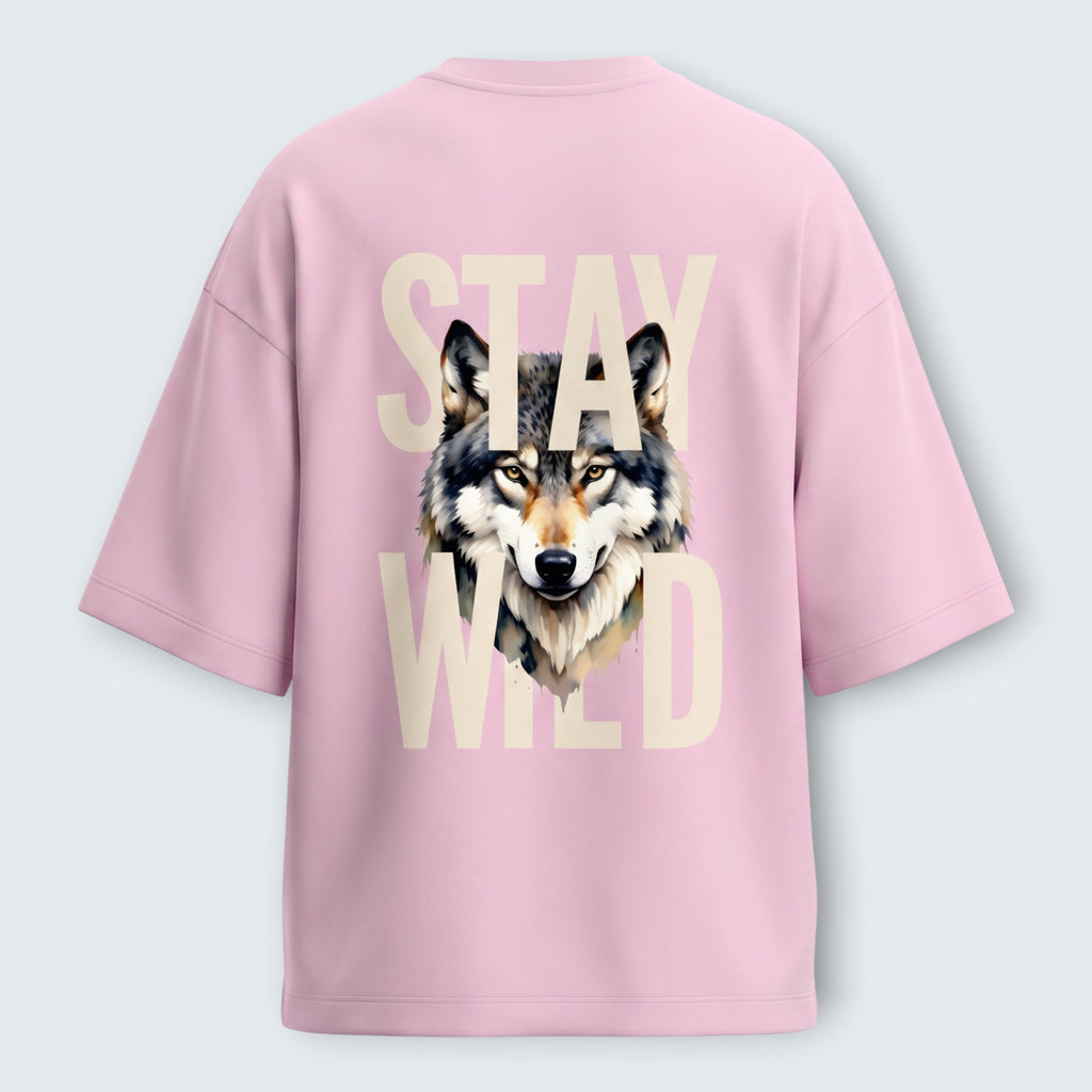 WOFF unisex oversized pink terry-knit t-shirt with a Stay Wild wolf graphic print on the back
