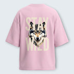 WOFF unisex oversized pink terry-knit t-shirt with a Stay Wild wolf graphic print on the back