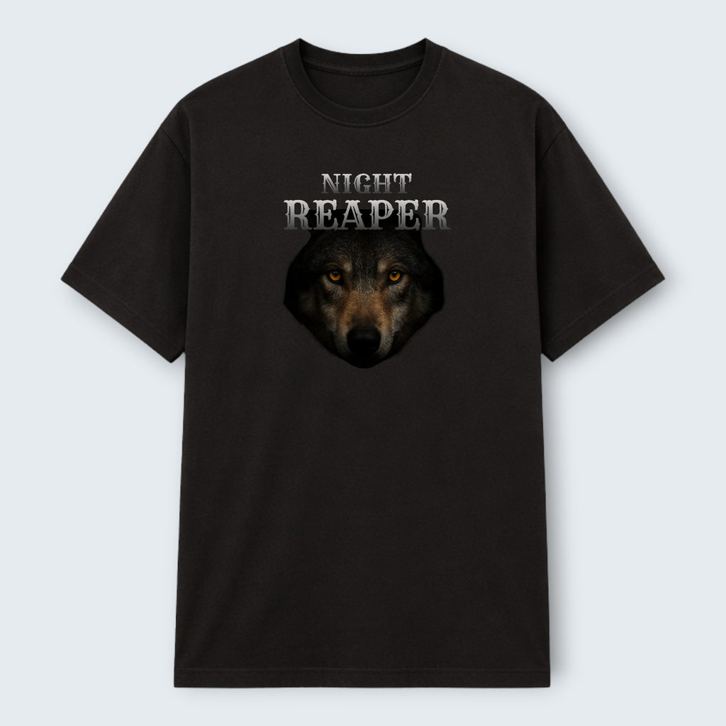 WOFF black 100% cotton crew neck t-shirt with a graphic of a wolf's face and the words "NIGHT REAPER" printed on the front.