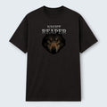 WOFF black 100% cotton crew neck t-shirt with a graphic of a wolf's face and the words "NIGHT REAPER" printed on the front.