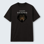 WOFF black 100% cotton crew neck t-shirt with a graphic of a wolf's face and the words "NIGHT REAPER" printed on the front.