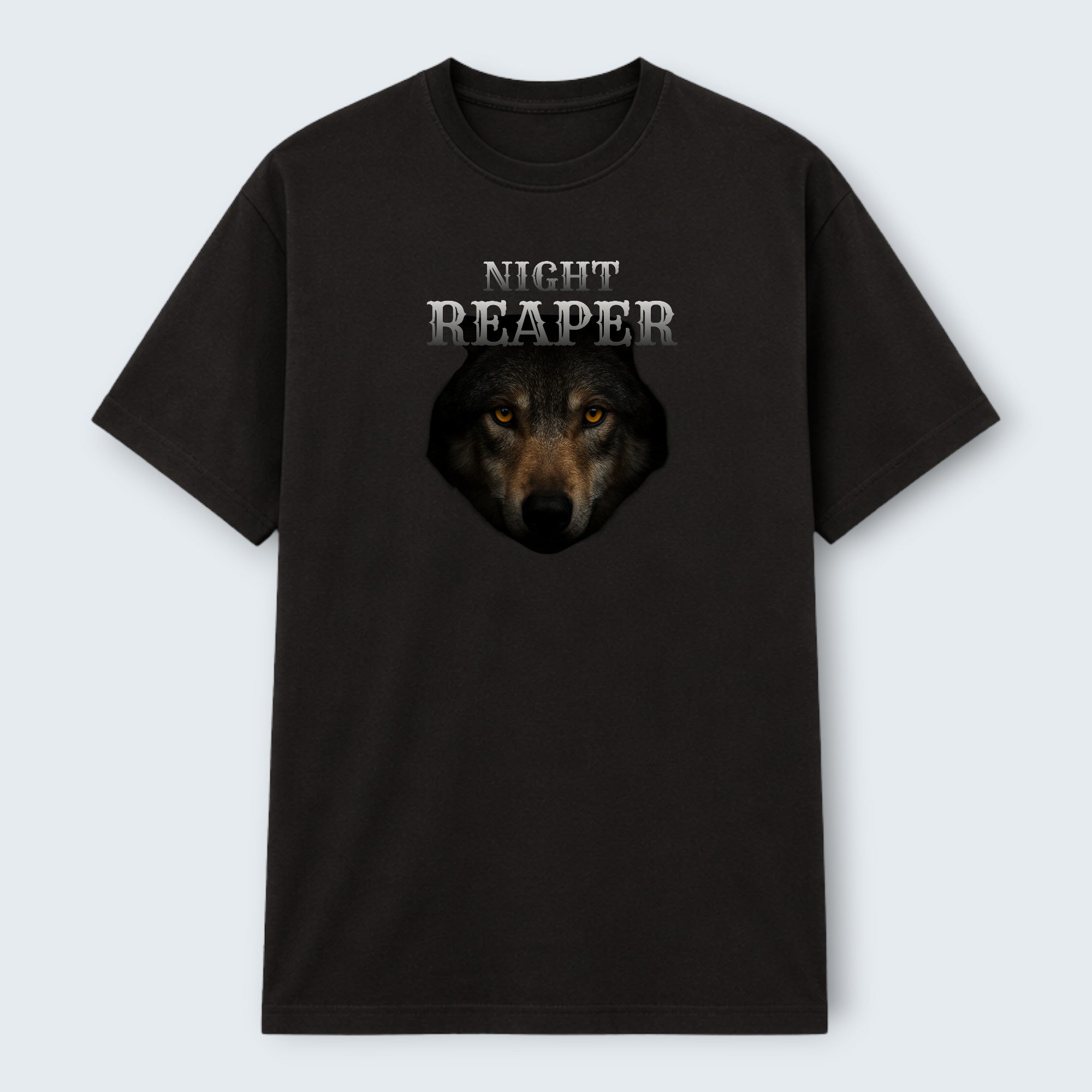 WOFF black 100% cotton crew neck t-shirt with a graphic of a wolf's face and the words "NIGHT REAPER" printed on the front.