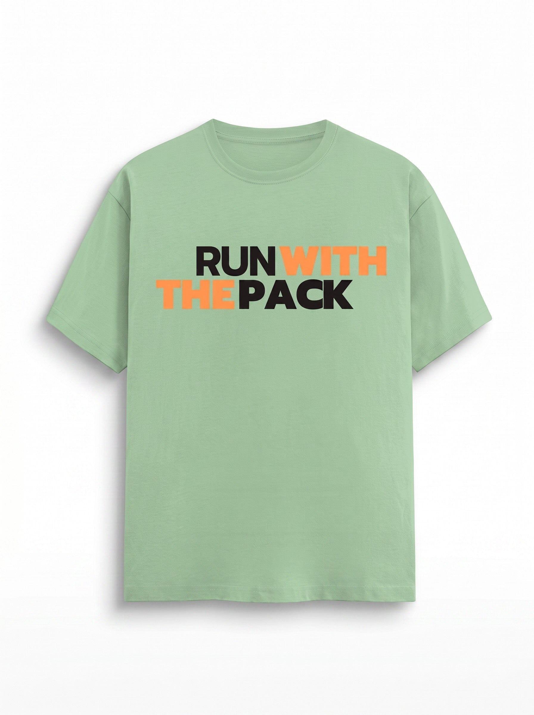 WOFF sage green 100% cotton unisex crew neck t-shirt with Run With The Pack graphic print on the chest