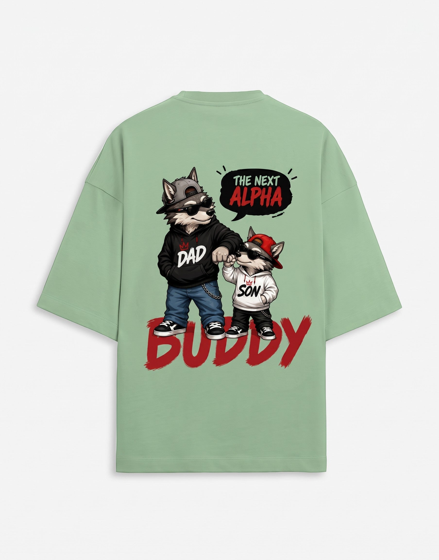WOFF sage green oversized cotton t-shirt featuring a graphic print of a wolf dad and son with The Next Alpha text