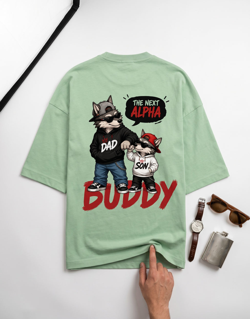 WOFF sage green oversized cotton t-shirt with a graphic print of a wolf dad and son duo on the back