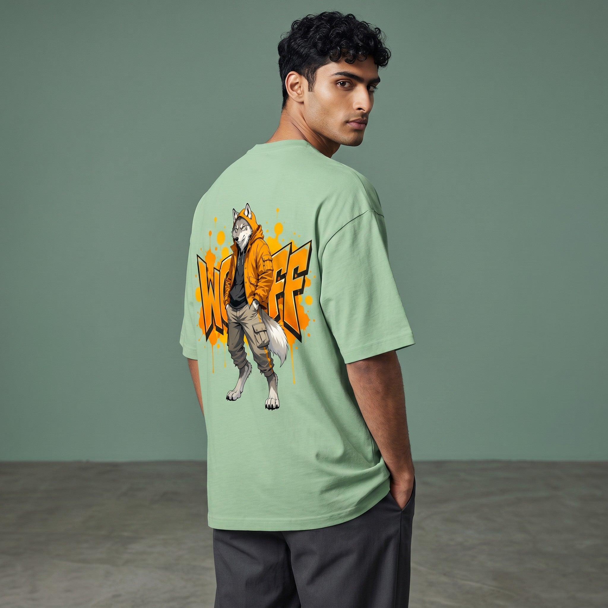 WOFF unisex oversized sage green terry cotton t-shirt with a wolf graphic print on the back worn by a man
