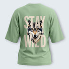 WOFF unisex oversized sage green terry cotton t-shirt with a wolf graphic and Stay Wild text on the back
