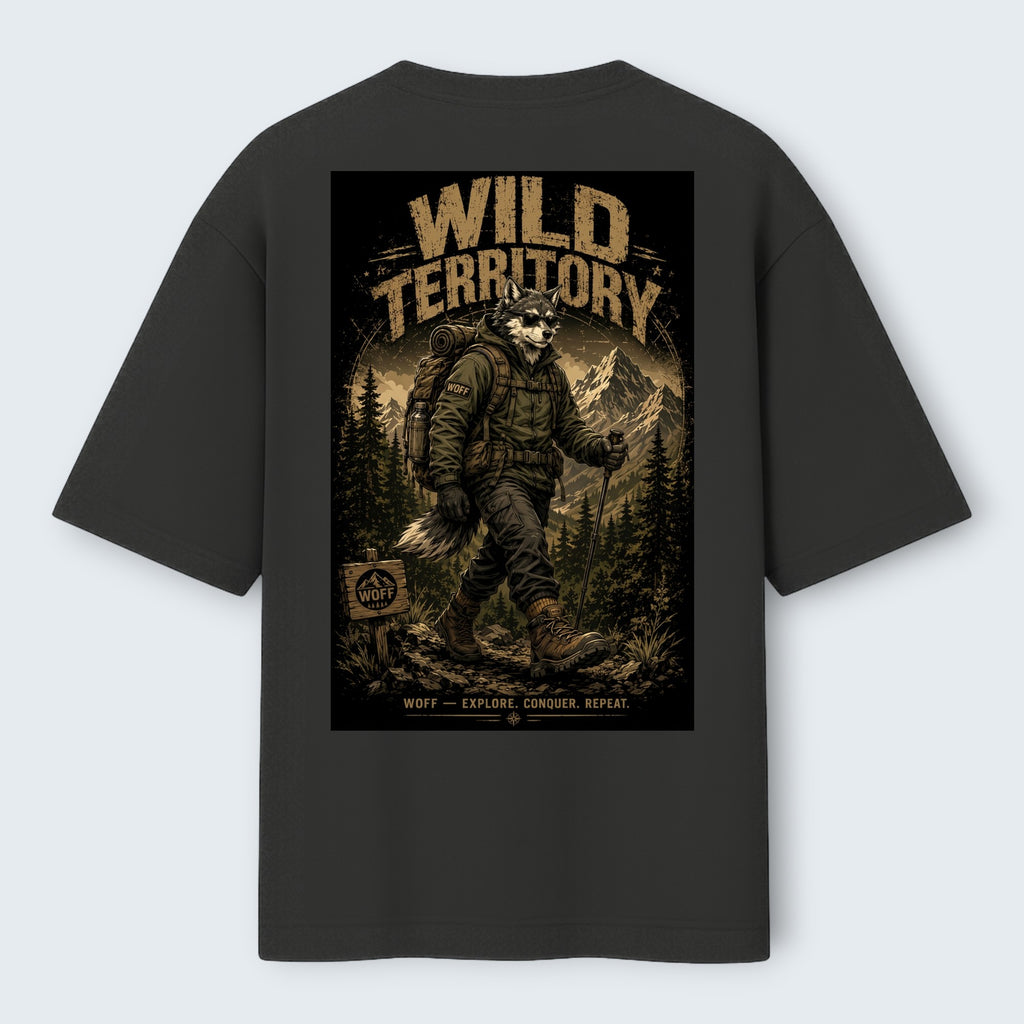 WOFF Territory oversized charcoal cotton t-shirt with a graphic print of a wolf hiker on the back