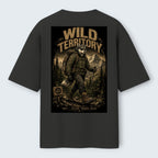 WOFF Territory oversized charcoal cotton t-shirt with a graphic print of a wolf hiker on the back