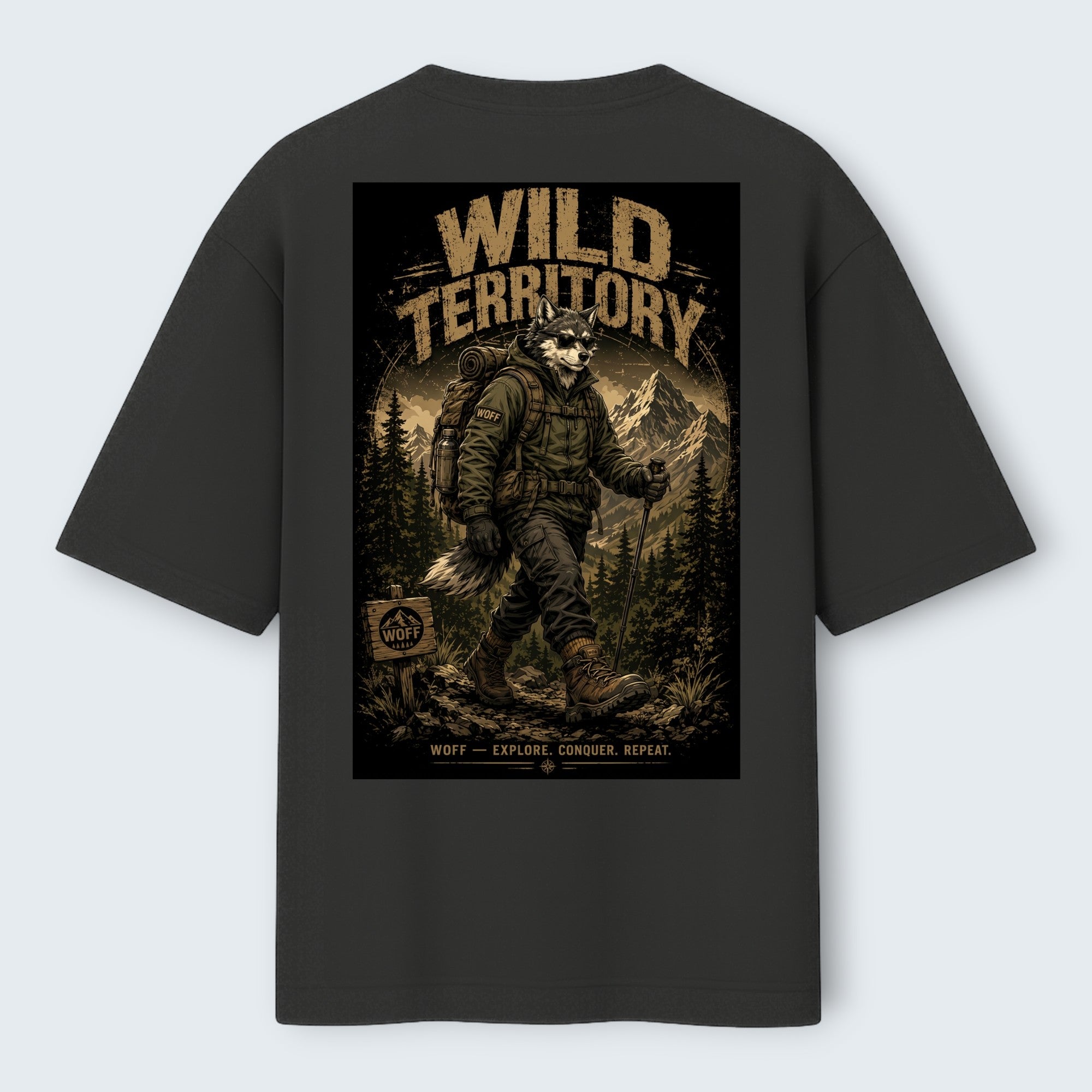 WOFF Territory oversized charcoal cotton t-shirt with a graphic print of a wolf hiker on the back
