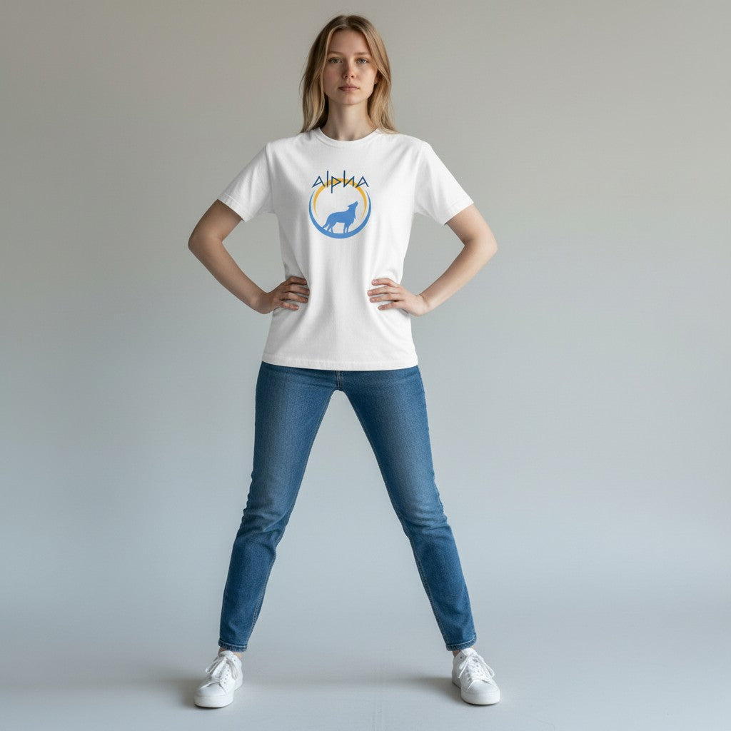 WOFF Unisex classic crew t-shirt in white 100% cotton with a blue wolf howling inside a yellow and blue crescent moon logo.