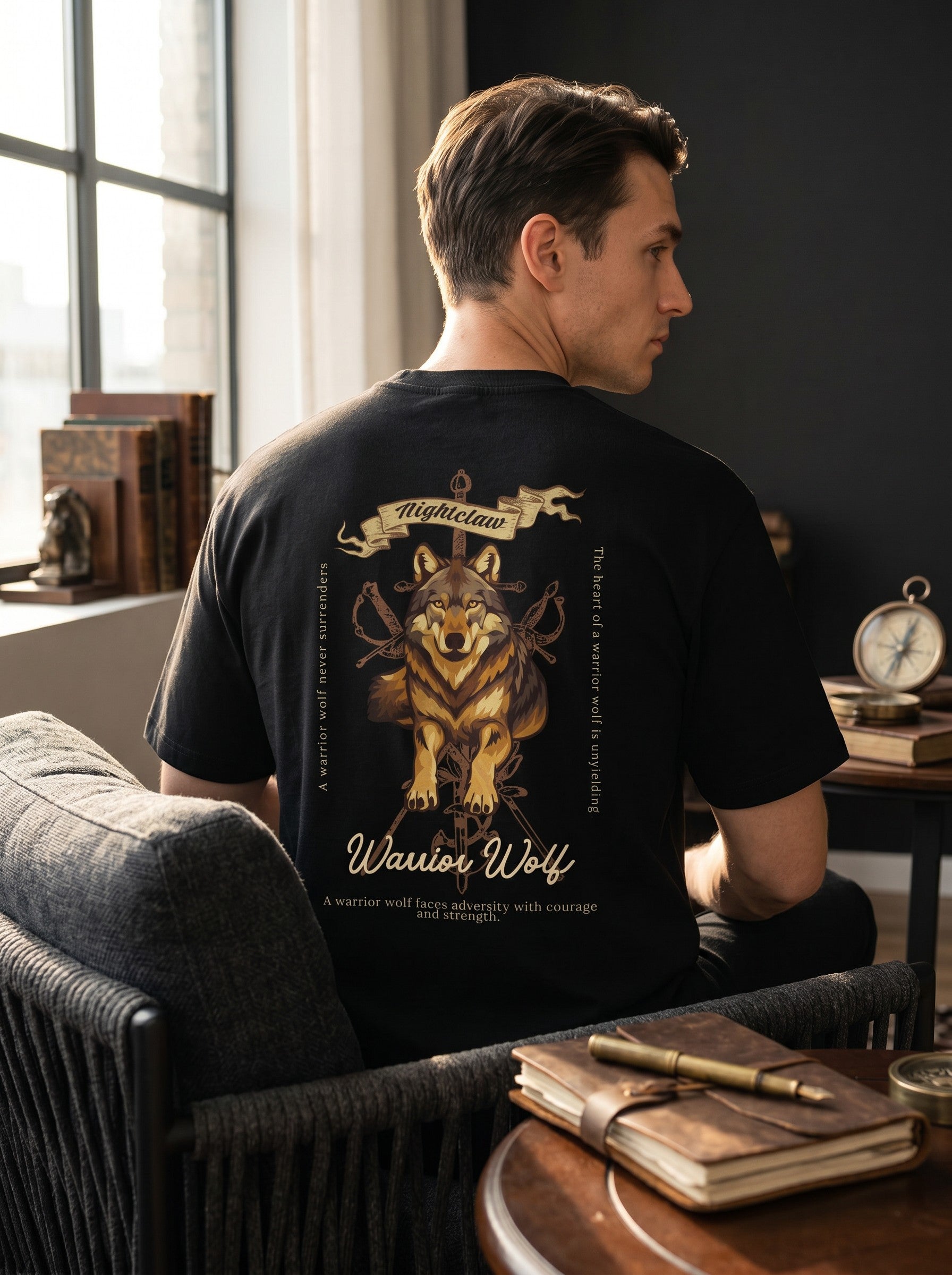 Man wearing a black WOFF Warrior Wolf crew neck cotton t-shirt with a detailed wolf and sword graphic on the back.