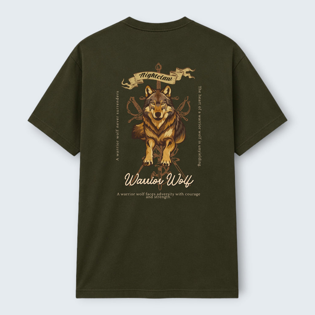 WOFF dark green 100% cotton unisex regular fit t-shirt with a warrior wolf graphic and text.