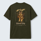 WOFF dark green 100% cotton unisex regular fit t-shirt with a warrior wolf graphic and text.
