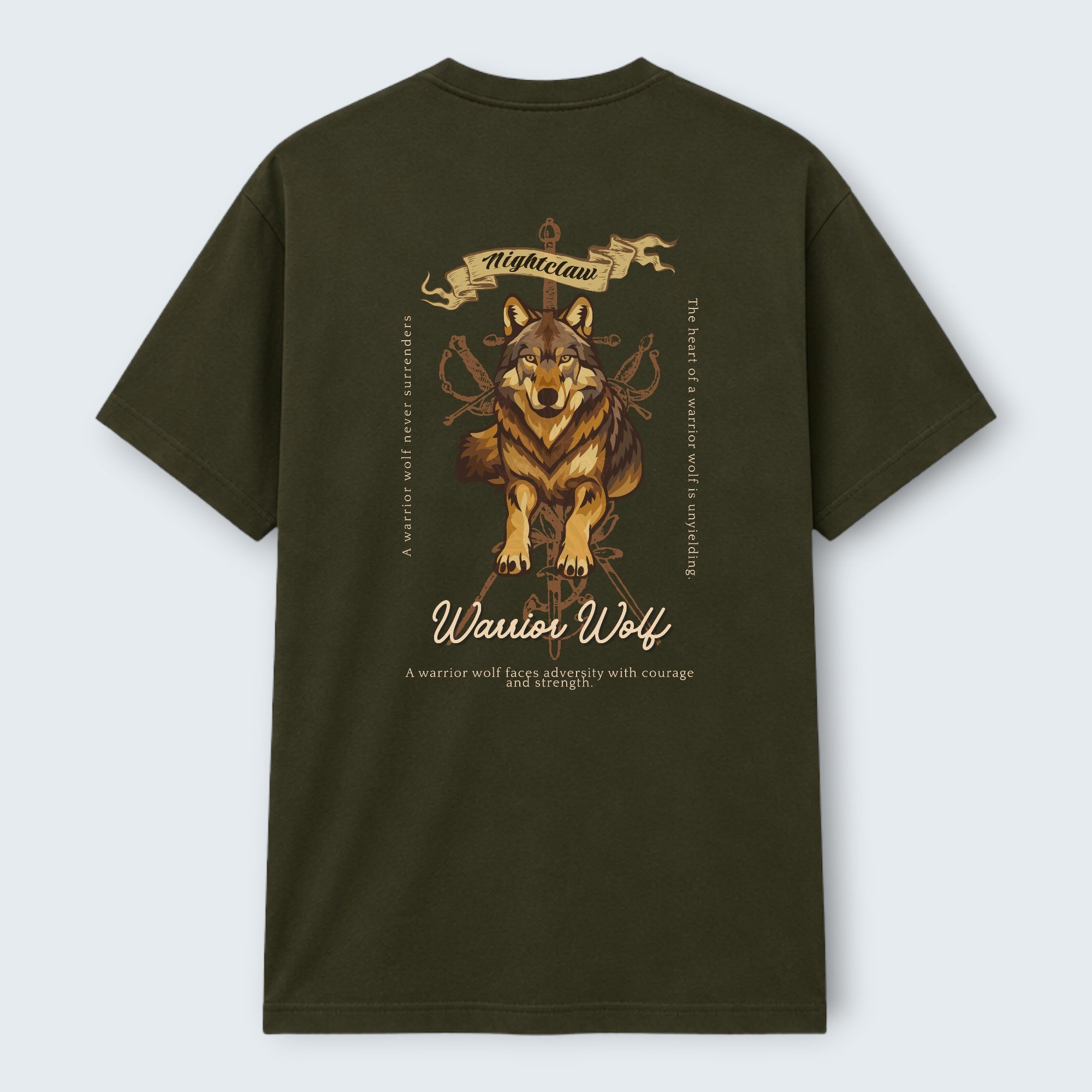 WOFF dark green 100% cotton unisex regular fit t-shirt with a warrior wolf graphic and text.