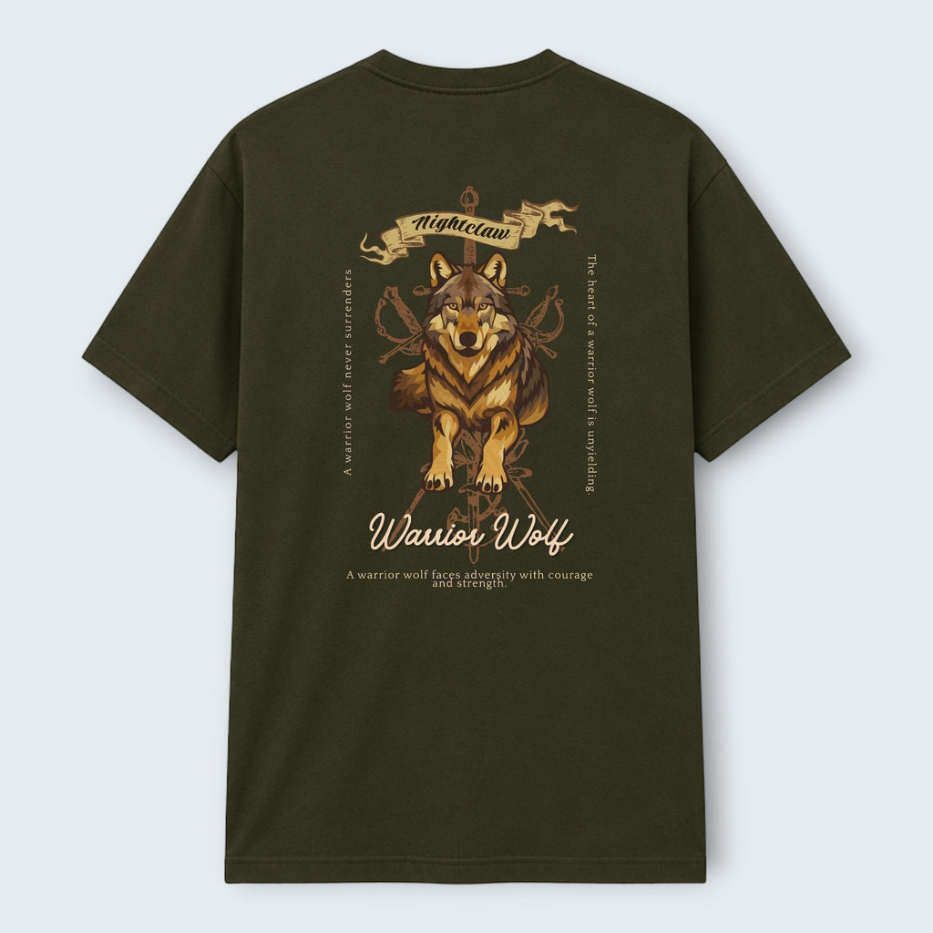 WOFF dark green 100% cotton unisex regular fit t-shirt with a warrior wolf graphic and text.