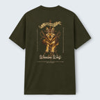 WOFF dark green 100% cotton unisex regular fit t-shirt with a warrior wolf graphic and text.