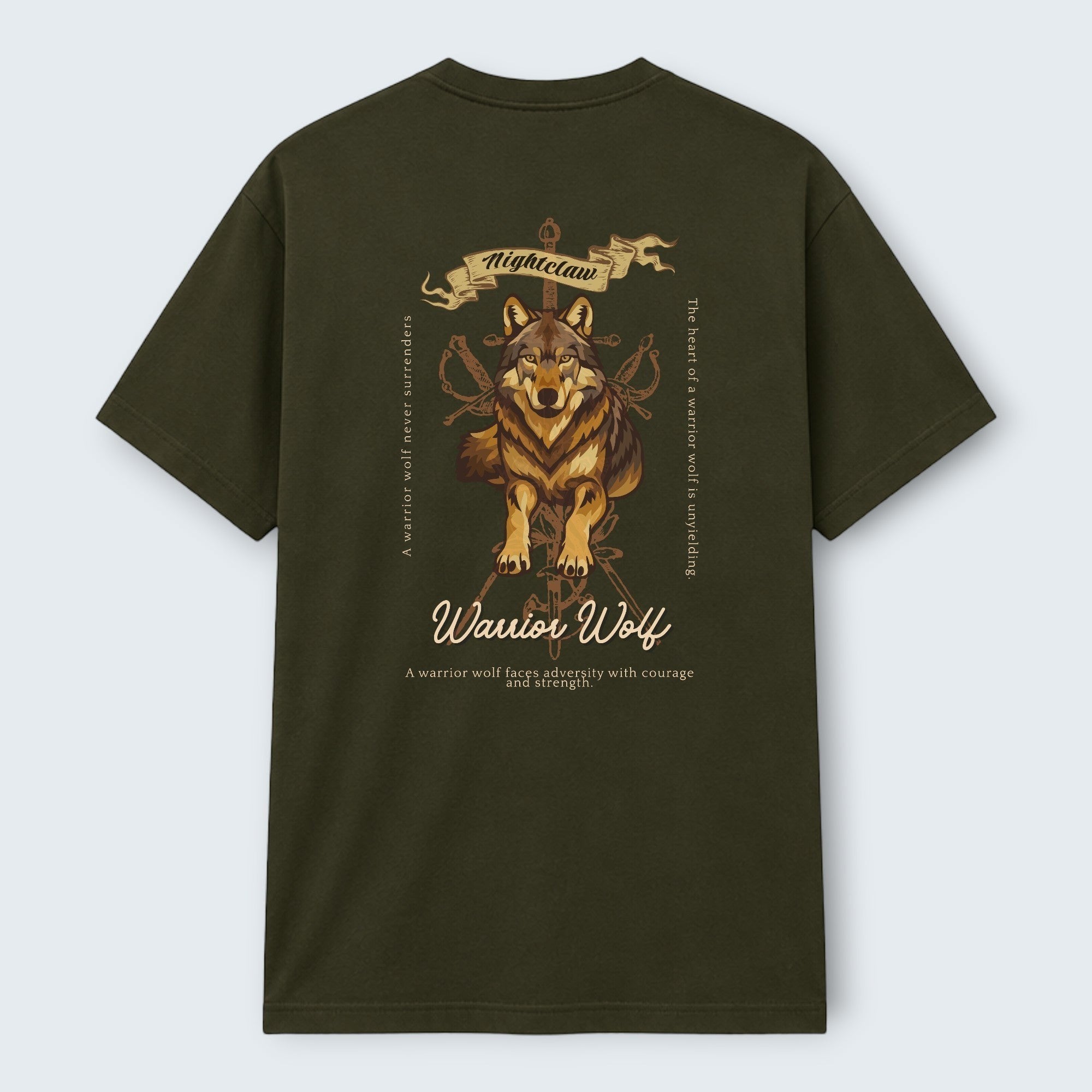 WOFF dark green 100% cotton unisex regular fit t-shirt with a warrior wolf graphic and text.