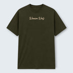 WOFF Warrior Wolf crew neck t-shirt in olive green 100% cotton with embroidered text on chest.