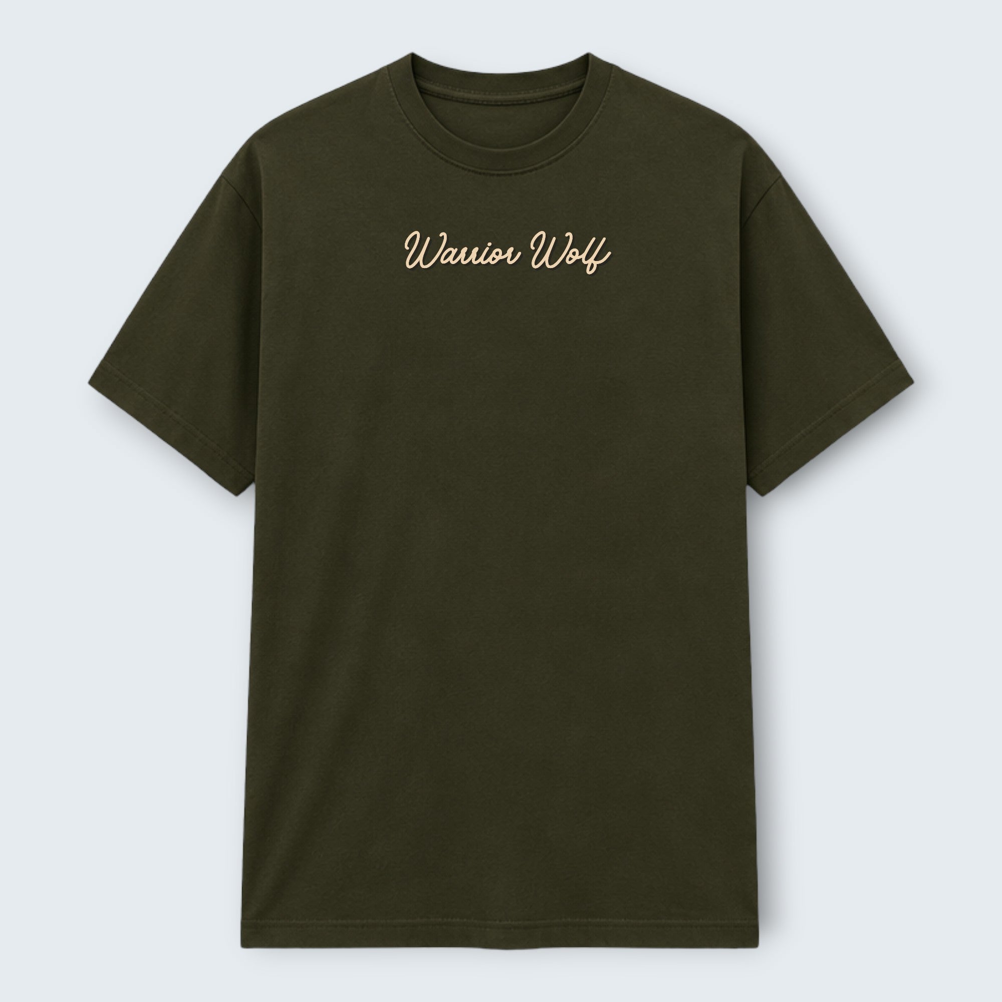 WOFF Warrior Wolf crew neck t-shirt in olive green 100% cotton with embroidered text on chest.