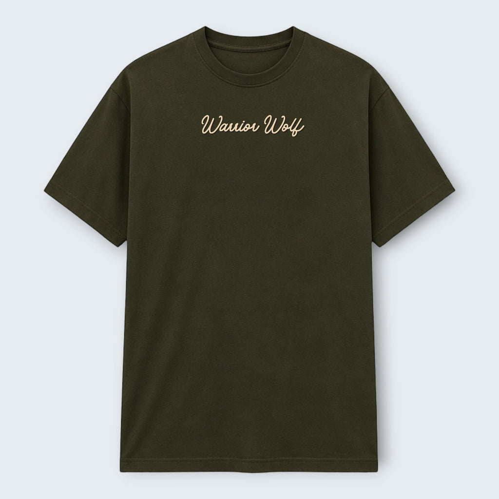 WOFF Warrior Wolf crew neck t-shirt in olive green 100% cotton with embroidered text on chest.