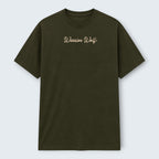 WOFF Warrior Wolf crew neck t-shirt in olive green 100% cotton with embroidered text on chest.