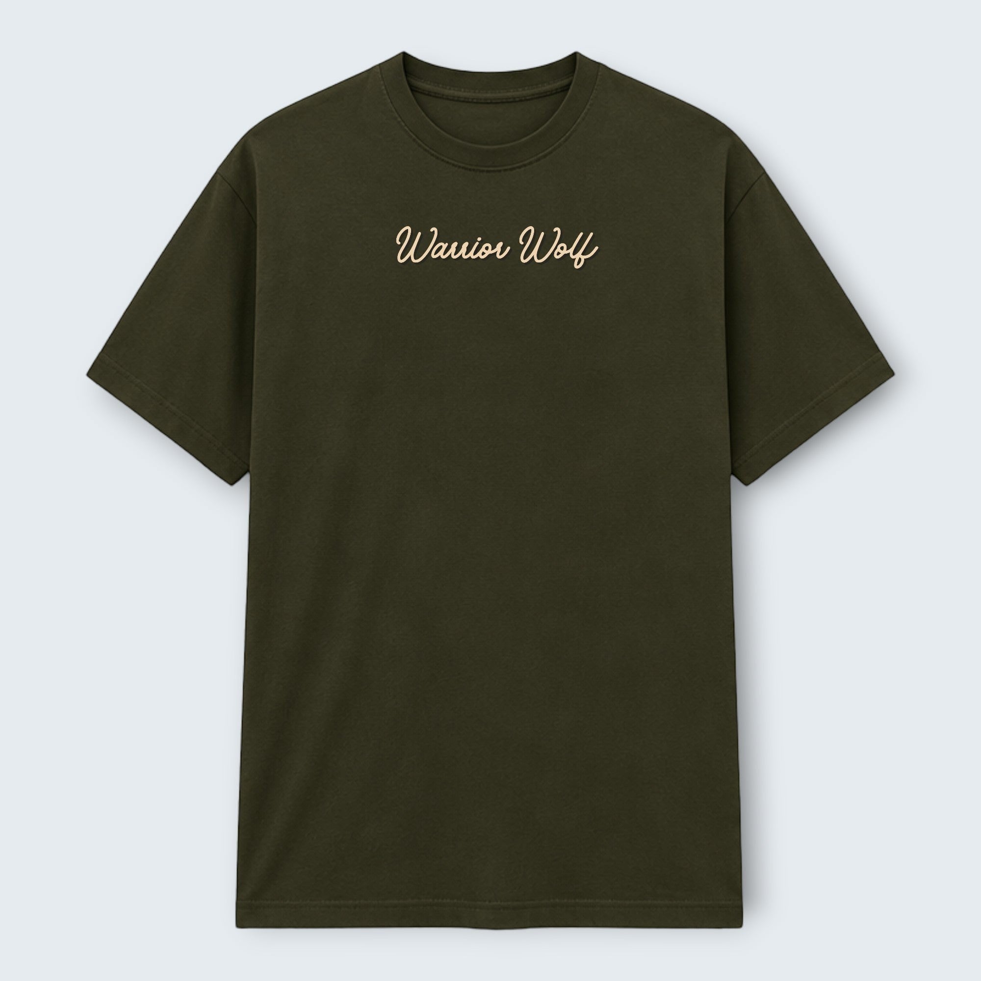 WOFF Warrior Wolf crew neck t-shirt in olive green 100% cotton with embroidered text on chest.
