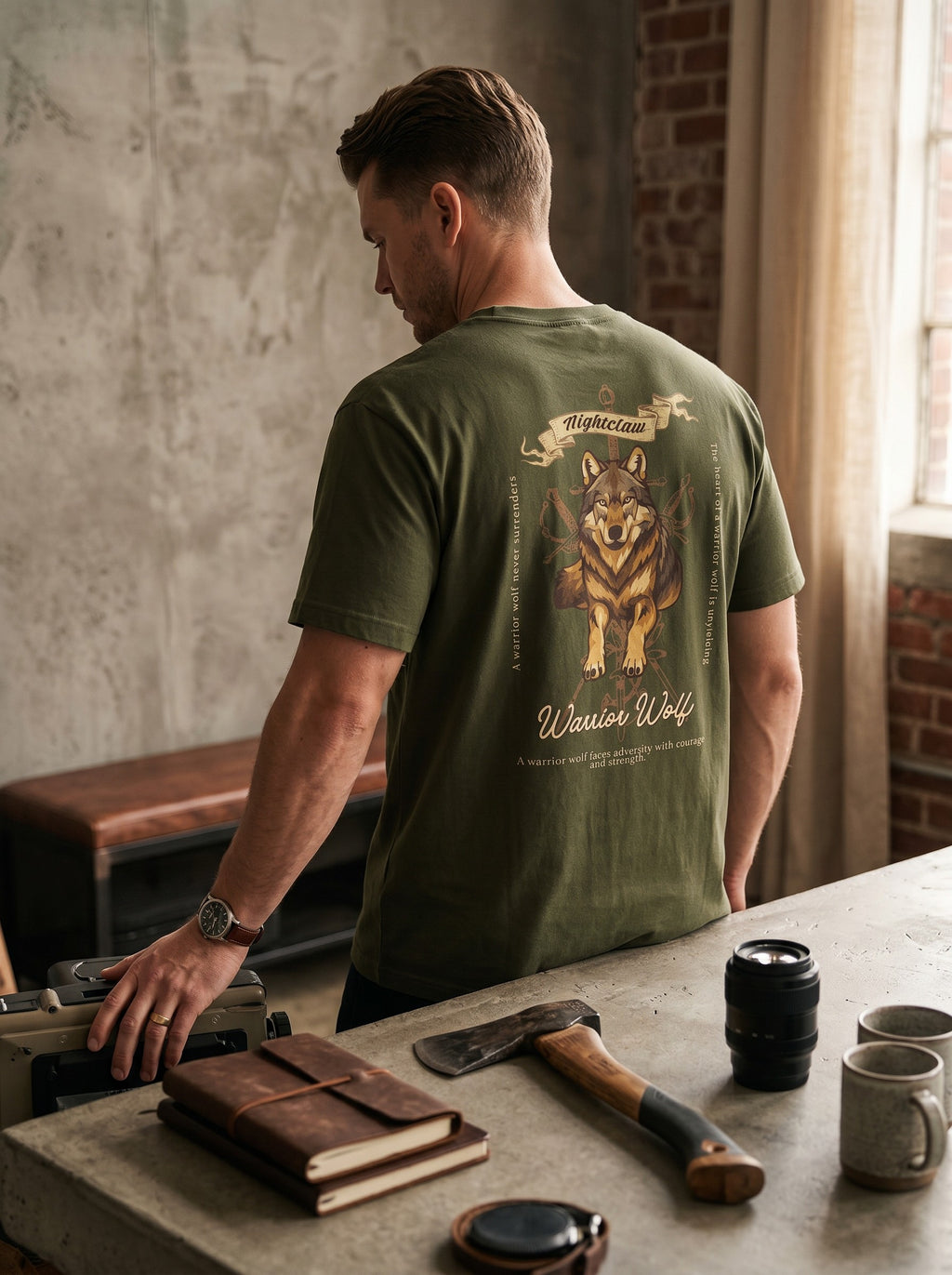 WOFF Warrior Wolf crew neck t-shirt in olive green cotton with a detailed wolf graphic on the back, worn by a man.