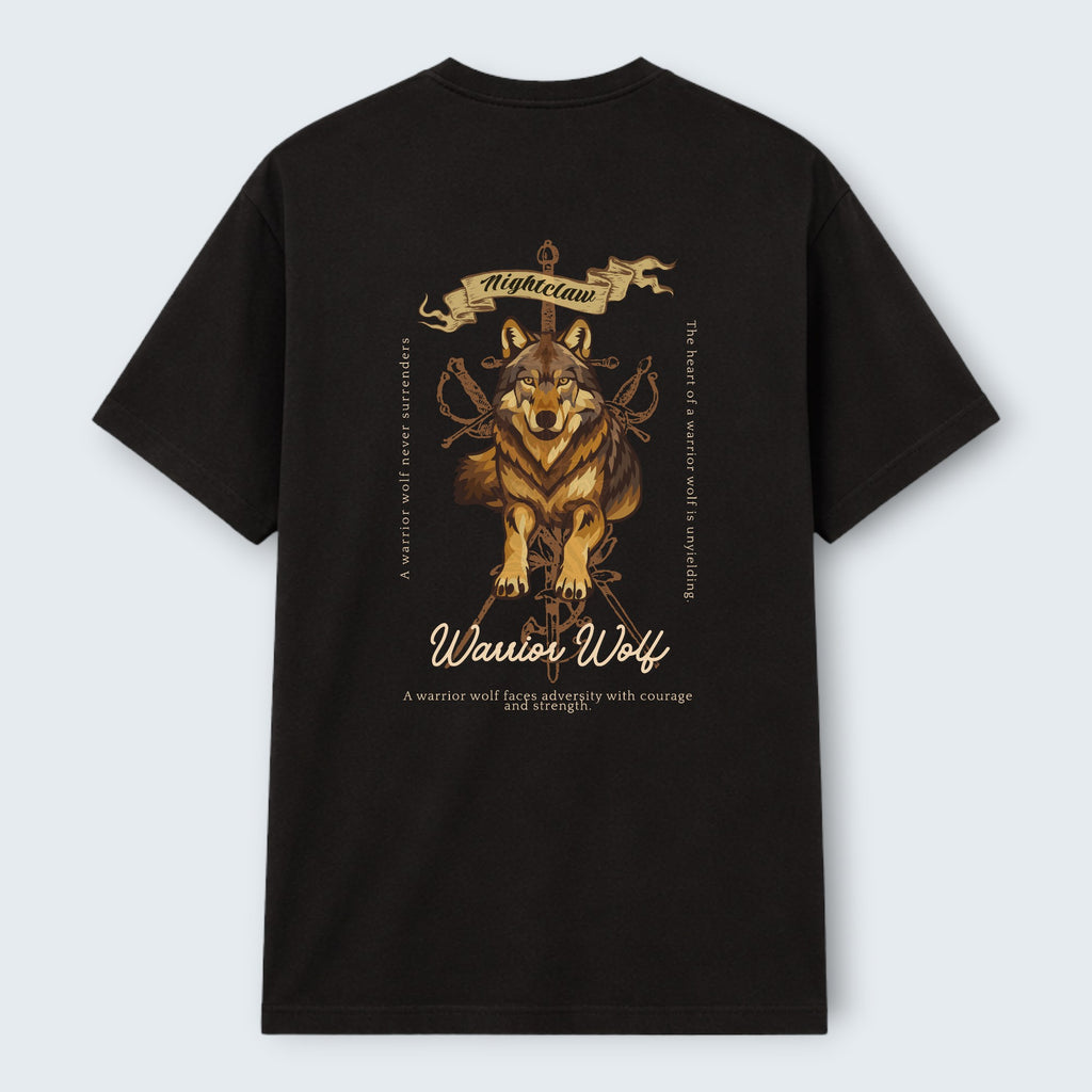 WOFF black 100% cotton unisex regular fit t-shirt with a warrior wolf graphic and text.