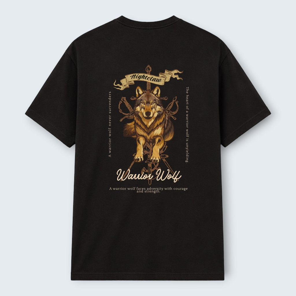 WOFF black 100% cotton unisex regular fit t-shirt with a warrior wolf graphic and text.