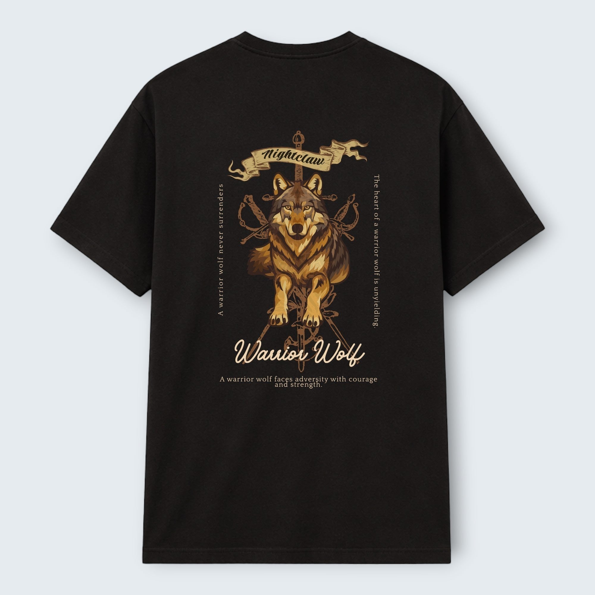 WOFF black 100% cotton unisex regular fit t-shirt with a warrior wolf graphic and text.