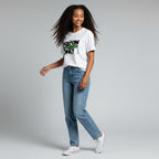 WOFF white 100% cotton crew neck t-shirt with "WOLFON Weekends ONLY NIGHT" graphic print in black and green.
