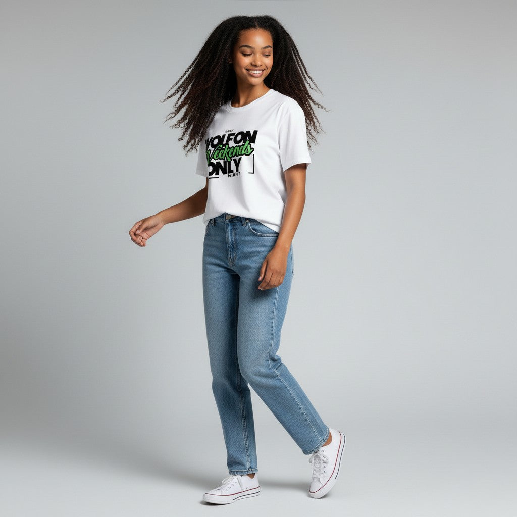 WOFF white 100% cotton crew neck t-shirt with "WOLFON Weekends ONLY NIGHT" graphic print in black and green.