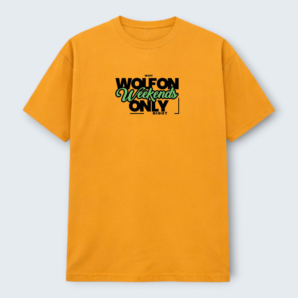 WOFF crew neck t-shirt in mustard yellow 100% cotton with "WOLFON Weekends ONLY NIGHT" graphic print.
