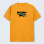 WOFF crew neck t-shirt in mustard yellow 100% cotton with "WOLFON Weekends ONLY NIGHT" graphic print.