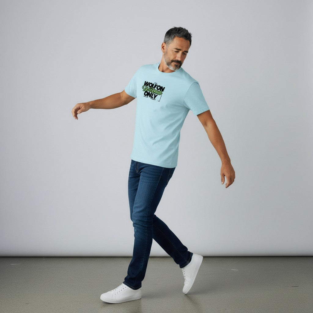 WOFF light blue 100% cotton crew neck t-shirt with "WOLF ON Weekends ONLY NIGHT" graphic print.