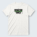 WOFF white 100% cotton crew neck t-shirt with "WOLFON Weekends ONLY NIGHT" graphic print in black and green.